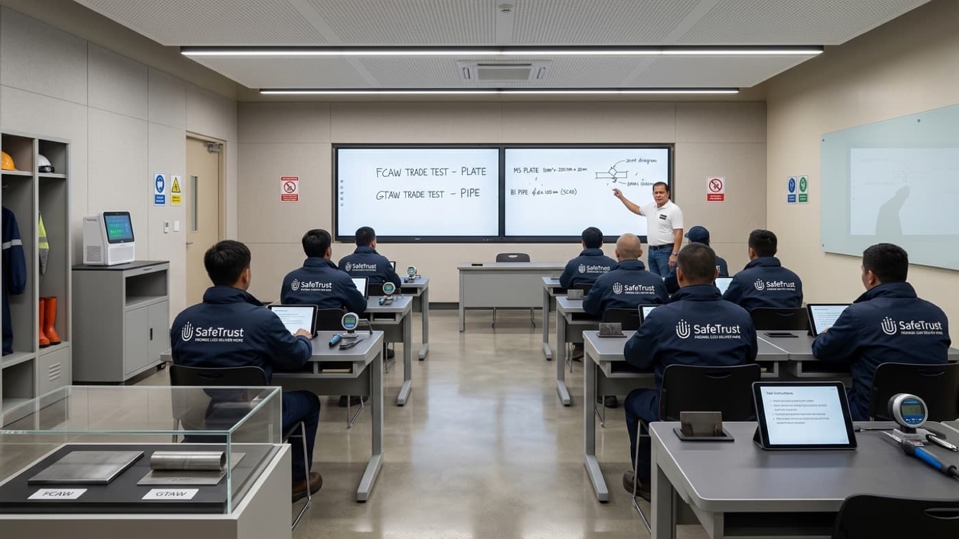 SafeTrust candidates in a trade-test training room during FCAW and GTAW welding trade test instruction